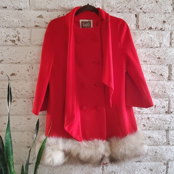 Vintage Jackets & Blazers - Vintage 50's Kagels Red 100% Wool Swing Jacket Fur Trim Retro Winter Coat Lined